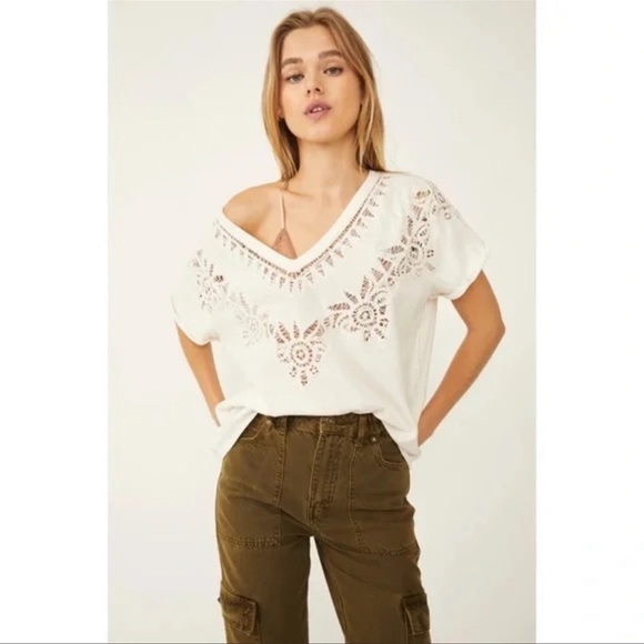FREE PEOPLE Lyla Cutout Cotton Tee in White NWT - Picture 2 of 7